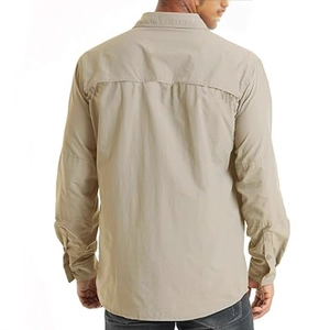 Back view of men's khaki long sleeve cotton outdoor shirt with breathable back pleats