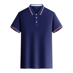 Detail of navy blue polo shirt with red and white striped ribbed collar and three buttons