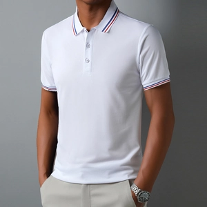 Detail of ribbed collar with red and blue stripes on white cotton men's polo shirt