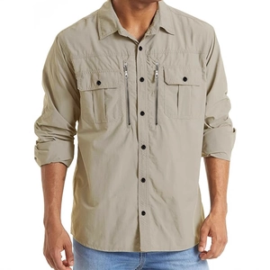 Men's khaki tactical long sleeve shirt with double chest pockets and zippers for outdoors