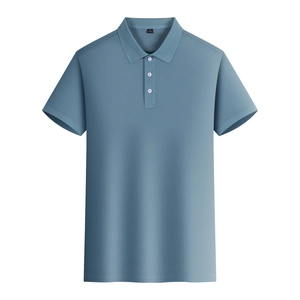 Detailed close-up of grey-blue polo shirt collar with three buttons and woven size tag