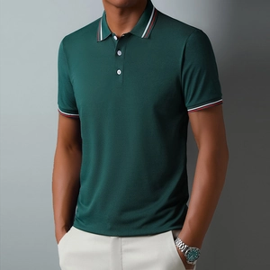 Detail of dark green Polo shirt with red and white striped contrast collar and cuffs