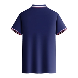 Back view of navy blue men's Polo shirt with red and white striped ribbed trim