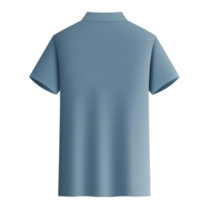 Rear view of men's business casual polo shirt in dusty blue textured piqué fabric