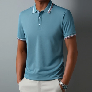 Detailed shot of Morandi blue polo shirt featuring contrast stripe collar and three-button placket