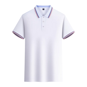 Detail of white cotton polo shirt featuring red and blue striped collar and sleeve cuffs