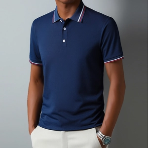 Close-up of navy blue polo shirt featuring white and red striped trim on the collar