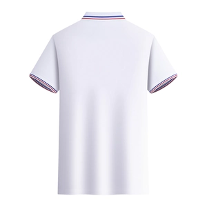 Rear view of white short-sleeved polo shirt with red and blue striped trim details