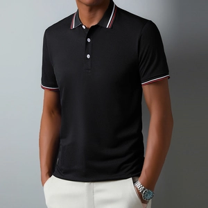 Close-up of black polo shirt collar with red and white stripes and breathable texture