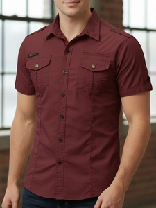 Burgundy men's military style short sleeve cotton shirt with epaulettes and chest pockets