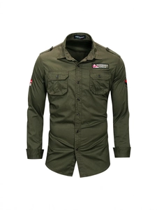 Chemise tactique homme vert armée en coton à manches longues avec poches poitrine et épaulettes