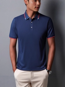 Men's navy blue short sleeve polo shirt with red and white striped collar details