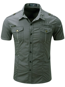 Dark gray men's short sleeve military cargo shirt with shoulder epaulettes and pockets