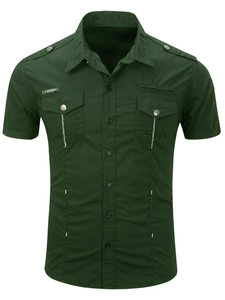 Men's dark green short sleeve cargo shirt with dual breast pockets and shoulder epaulets