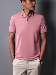 Men's pink short-sleeve polo shirt with striped collar and business casual style