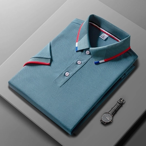 Polo da Uomo Business Casual a Manica Corta con Righe a Contrasto in Poliestere Piqué Traspirante Top Estivi Tinta Unita