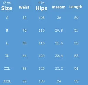 Size chart for men's linen beach shorts showing waist and hip measurements from S to 3XL