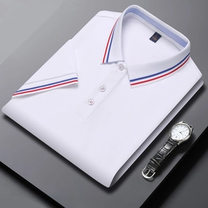 Men Business Casual Short Sleeve Striped Trim Polo Shirt Breathable Polyester Summer Top For Office Daily Wear