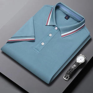 Men's light blue short sleeve polo shirt with red white striped collar and watch detail