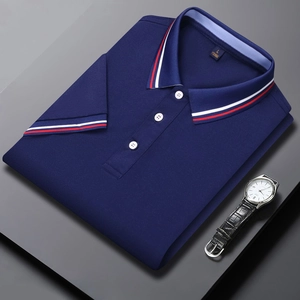 Navy short sleeve polo shirt with striped collar and cuffs for a business casual look