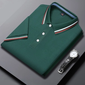 Short sleeve dark green polo shirt for men with striped collar and breathable cotton texture