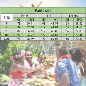 Detailed size chart for men's linen beach cargo shorts showing waist and hip measurements