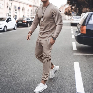 Men's khaki waffle knit tracksuit with long sleeve sweatshirt and jogger pants