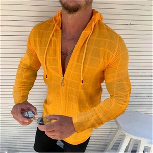 Herren Slim Fit Kapuzenstrickjacke in leuchtendem Orange mit texturierter Karo-Optik