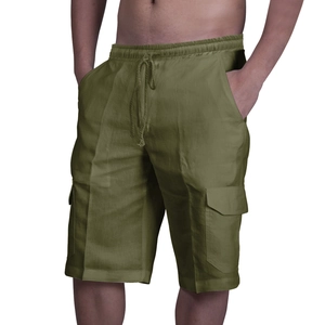 Detail of olive green cargo shorts featuring elastic drawstring waist and large flap pockets