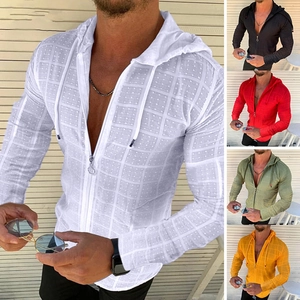 Slim fit men's hooded long sleeve shirt with zipper and textured fabric in five colors