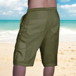 Detail view of army green cargo shorts featuring drawstring waist and functional pockets