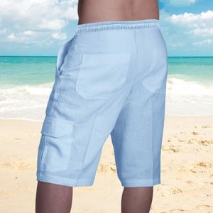Detail view of light blue cargo linen shorts with drawstring waist and flap pockets
