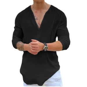 T-shirt noir à manches longues pour homme avec col en V en coton pur et coupe décontractée
