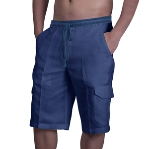 Detail of dark blue men's linen cargo shorts showing elastic waist and drawstring cord