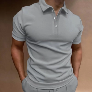 Men's slim fit short sleeve Polo shirt in light grey with classic buttoned collar