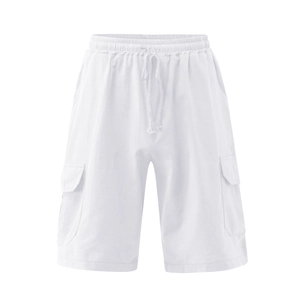 Detail shot of men's white linen cargo shorts showing drawstring waist and side flap pockets