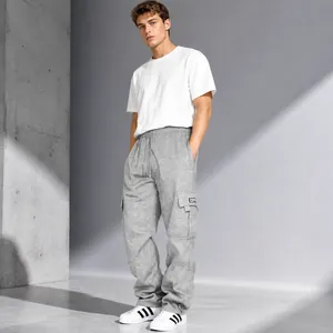 Men's loose fit grey cargo sweatpants with drawstring waist and large flap pockets