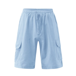Detail of light blue linen cargo shorts featuring elastic drawstring waist and side pockets