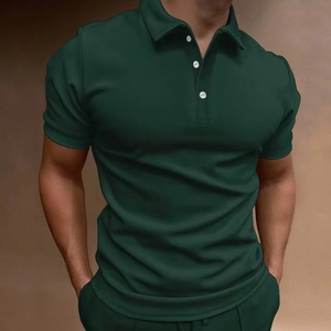 Slim fit dark green men's short sleeve polo shirt with white buttons and ribbed cuffs