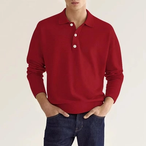 Classic red long-sleeve polo shirt with three white buttons and ribbed cuffs for men