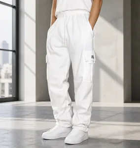 White men's cargo pants with elastic drawstring waist and multi-pocket streetwear design