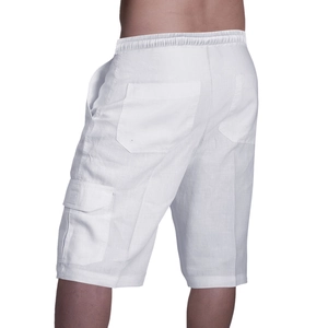 Back view of white men's linen cargo shorts featuring elastic drawstring waist and pockets