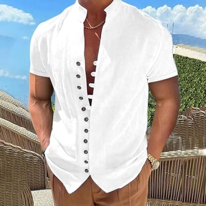 Herren Vintage Kurzarmhemd aus Baumwollleinen mit Stehkragen und dunklen Knöpfen
