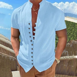 Vintage Amerikanisches Retro Herren Hemd Kurzarm Baumwolle Stehkragen Knopf Casual Top für Sommerurlaub