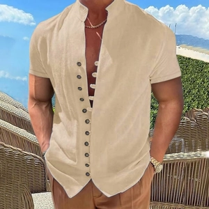 Herren Kurzarmhemd aus Baumwolle und Leinen mit Stehkragen und Knöpfen im Retro-Stil