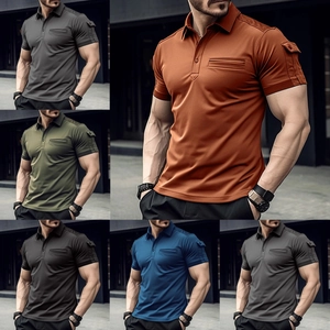 Men's slim fit tactical polo shirt with sleeve pocket and zipper detail in five colors