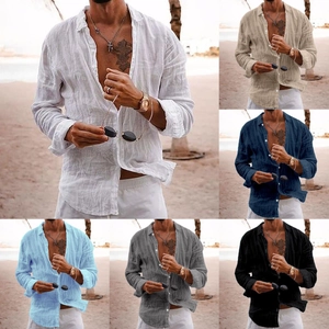 Detail shot showing multiple colors of linen-blend casual shirts for beach vacations