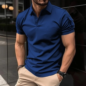 Detail of the tactical arm pocket and buttons on a navy blue short-sleeve polo shirt