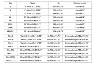 Size chart for men hip hop striped linen pants showing waist and length from S to 5XL