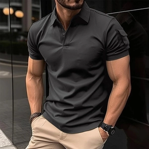 Mens slim fit dark grey polo shirt with sleeve pocket and buttoned collar detail